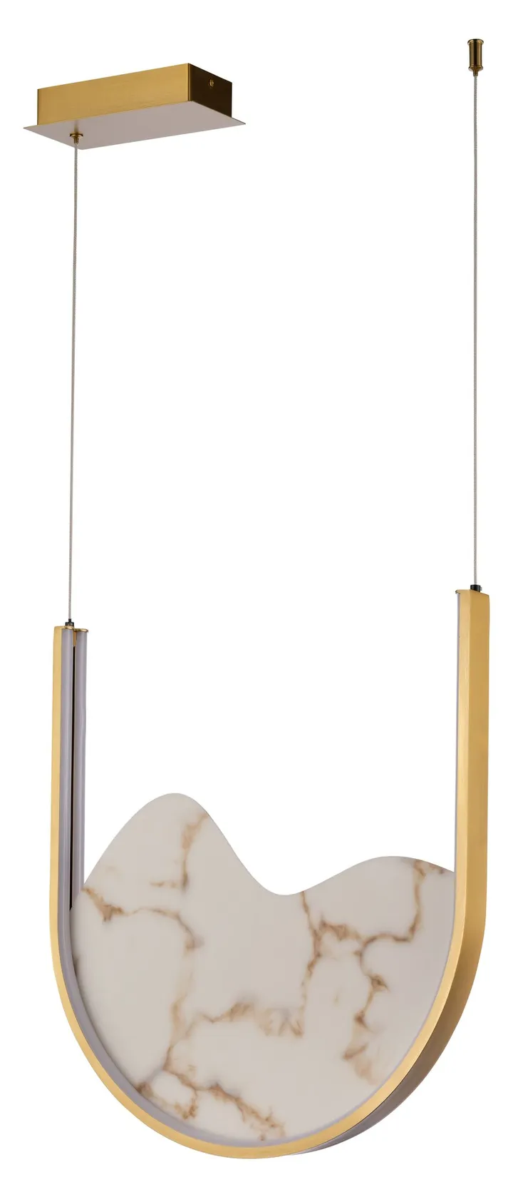 Brass U-shaped pendant with veined marble-effect diffuser, model KLN-420