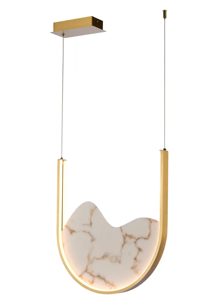 Brass U-shaped pendant with sculpted marble-effect diffuser, model KLN-421