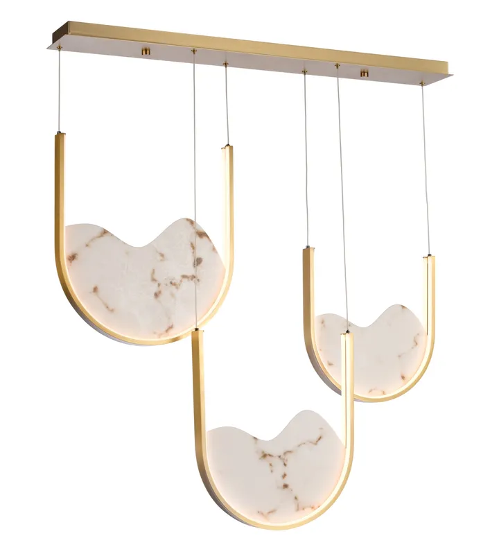 Three-light brass and marble-effect pendant cluster on linear canopy, model KLN-520