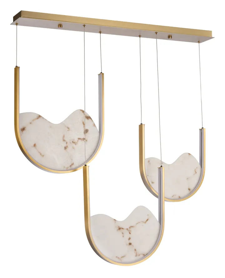 Three-light brass and marble-effect pendant cluster on linear canopy, model KLN-520