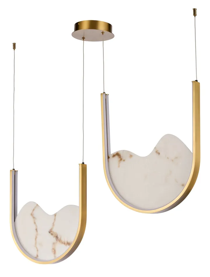 Brass U-pendant trio with marble-effect diffusers, model KLN-524