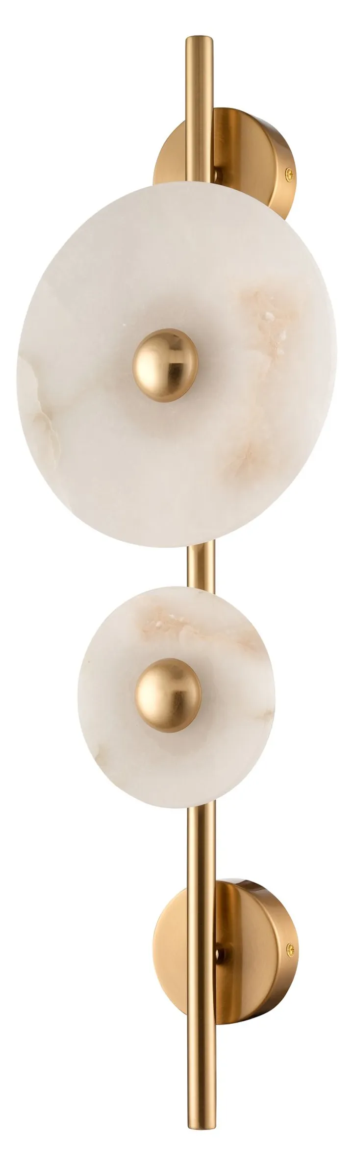 Vertical brass stem wall light with twin alabaster-style discs, model KLN-822