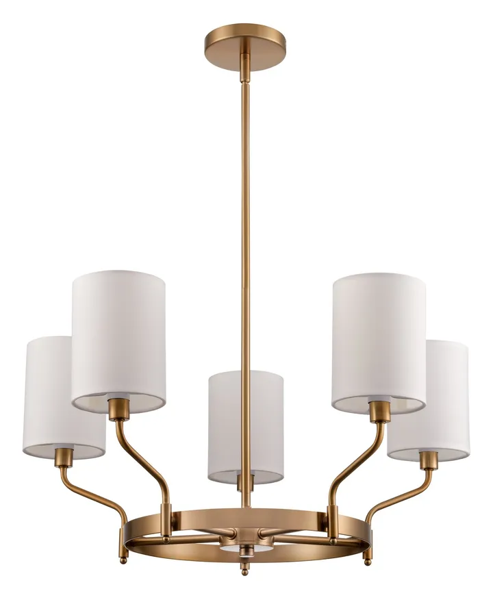 Five-arm brass chandelier with white fabric shades, model KLN-734
