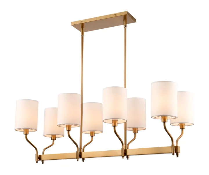 Eight-light linear brass chandelier with fabric shades, model KLN-748