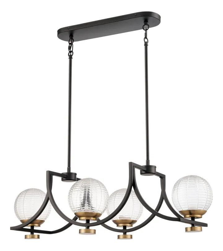 Black linear chandelier with four ribbed glass globes and brass details, model KLN-758