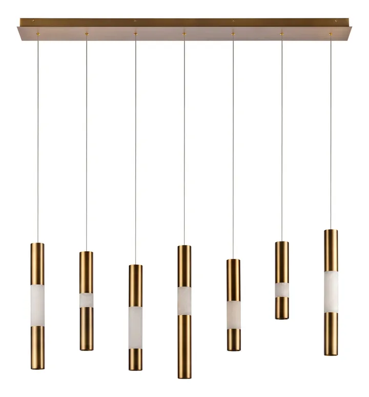 Linear brass pendant with seven cylinder drops, model KLN-051