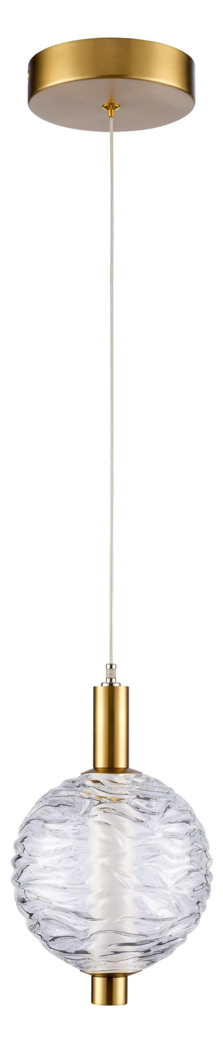 Single brass pendant with rippled clear glass globe, model KLN-079