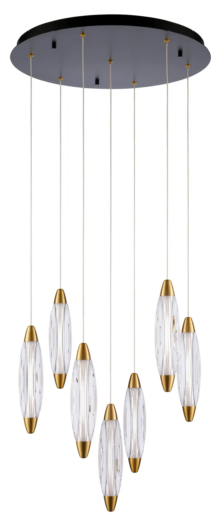Multi-drop pendant with fluted crystal diffusers and brass caps, model KLN-121