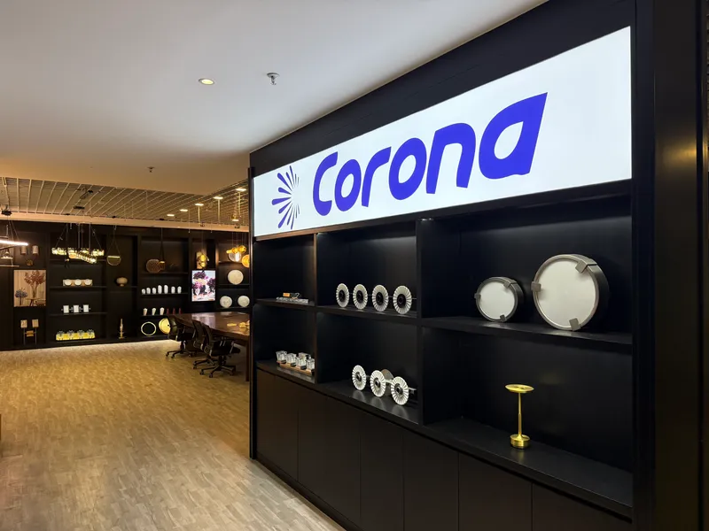 Entrance display wall of the CORONA ZHONGSHAN LIGHTING showroom in Henglan, Zhongshan