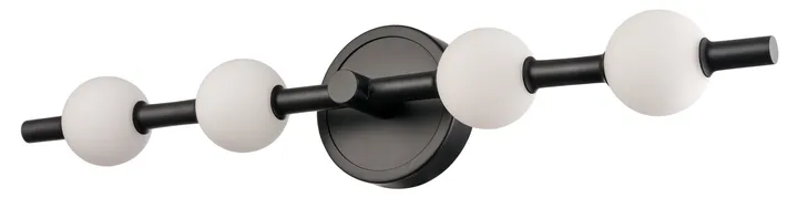 Black vanity bar with four opal glass globes, model KLN-558