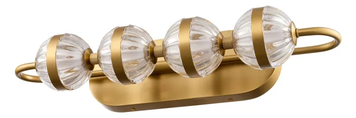 Brass vanity bar with four ribbed crystal globes, model KLN-574
