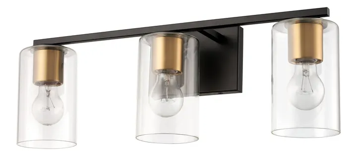 Black and brass three-light vanity bar with clear glass cylinders, model KLN-911