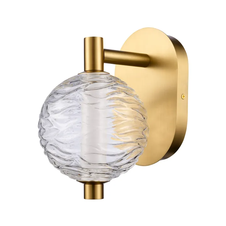 Brass wall light with rippled clear glass globe, model KLN-130