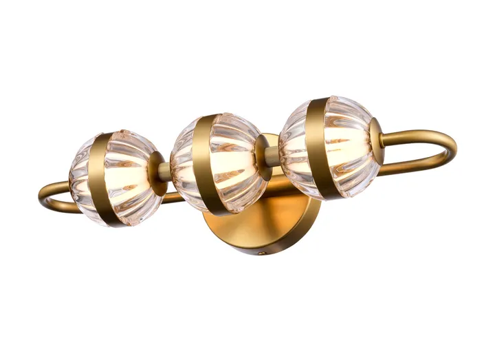 Three-globe brass wall bar with ribbed glass shades, model KLN-157