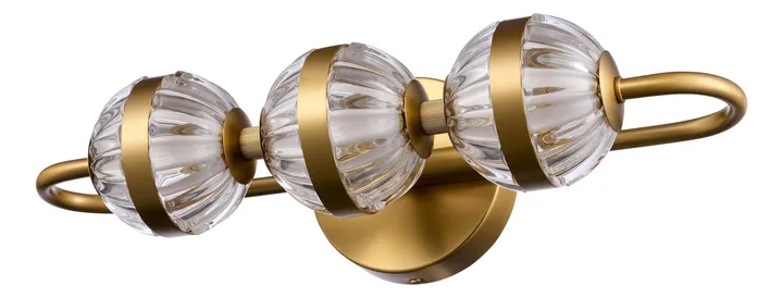 Three-globe brass wall bar with ribbed glass shades, model KLN-157