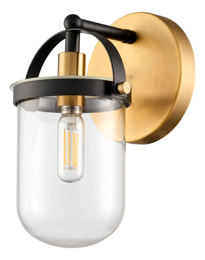 Brass and black glass-jar wall sconce, model KLN-843